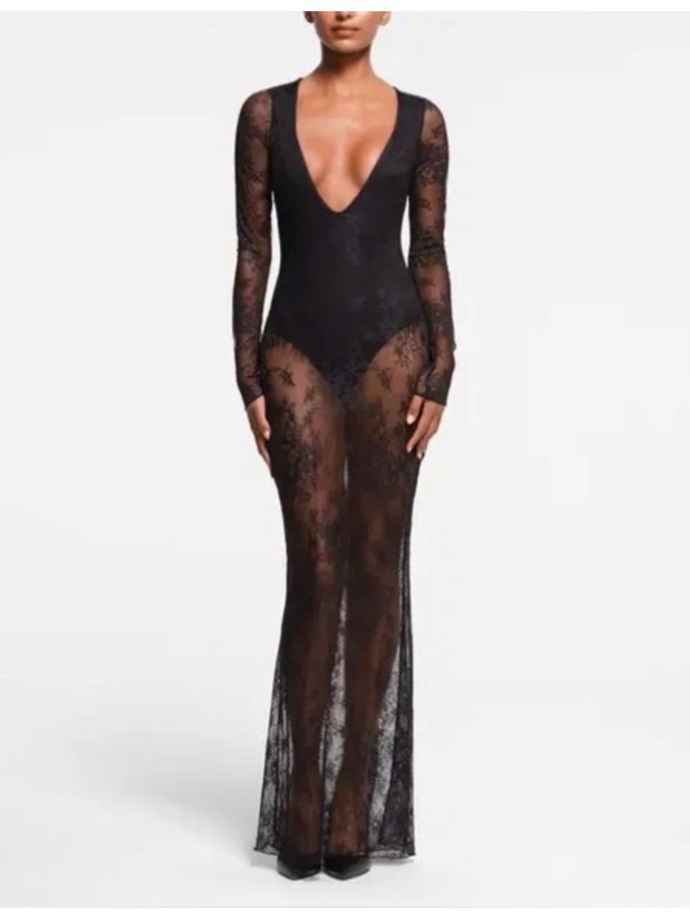 NWT SKIMS Black Ultra Fine Lace Plunge Long Maxi Dress